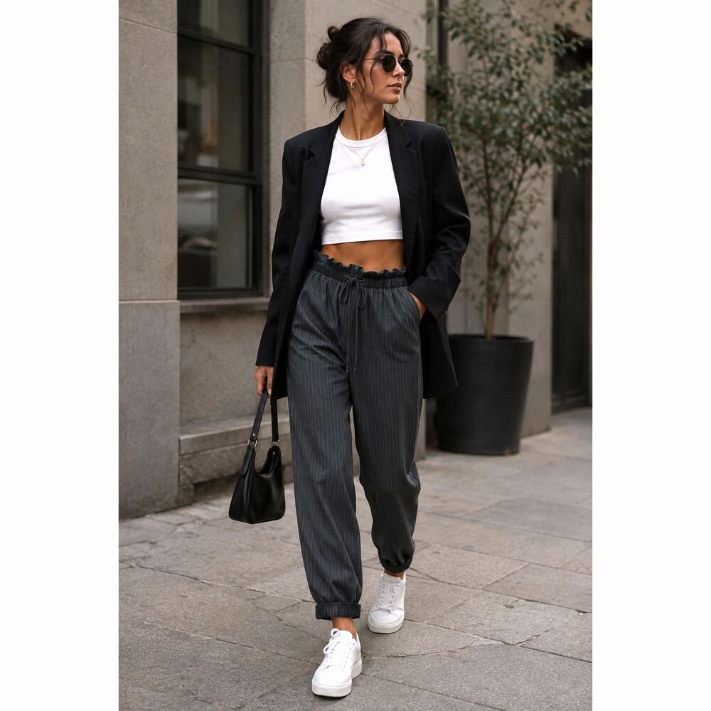 Pull & Bear Gray Pinstripe High Waist Paperbag Smart Jogger Trouser Pants L 12
